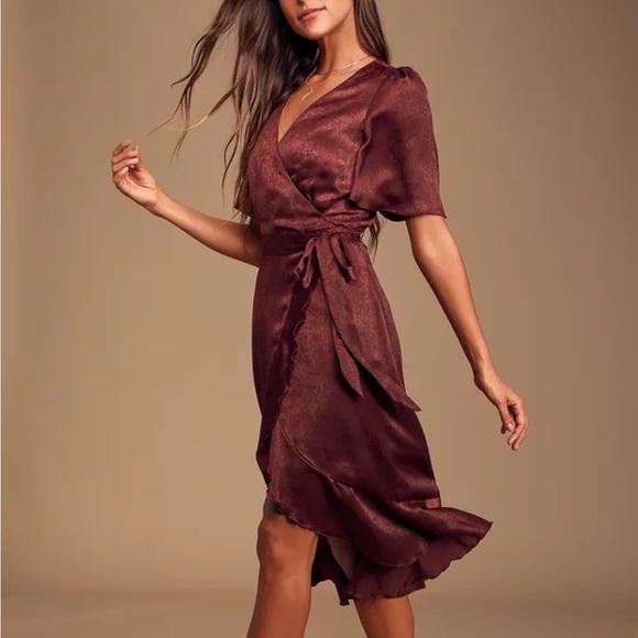 Lulus Wrapped Up In Love Burgundy Satin Faux-Wrap Midi Dress size S - Picture 4 of 10